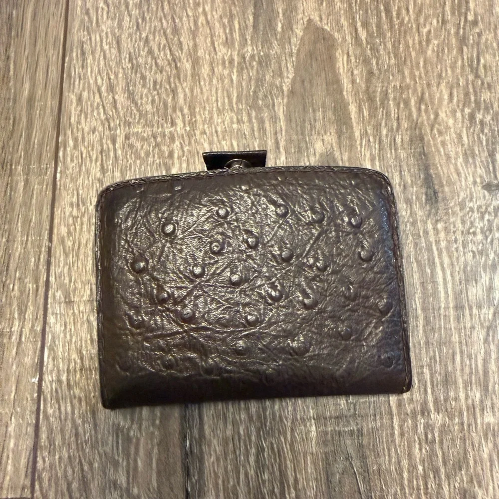 Vintage Brown Ostrich Leather Small Button Snap Clasp Wallet